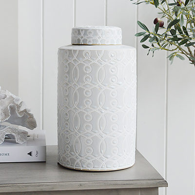 Liberty Grey and White Jar from The White Lighthouse , New England style furniture and accessories for country, coastal, city and modern farm house homes and interiors