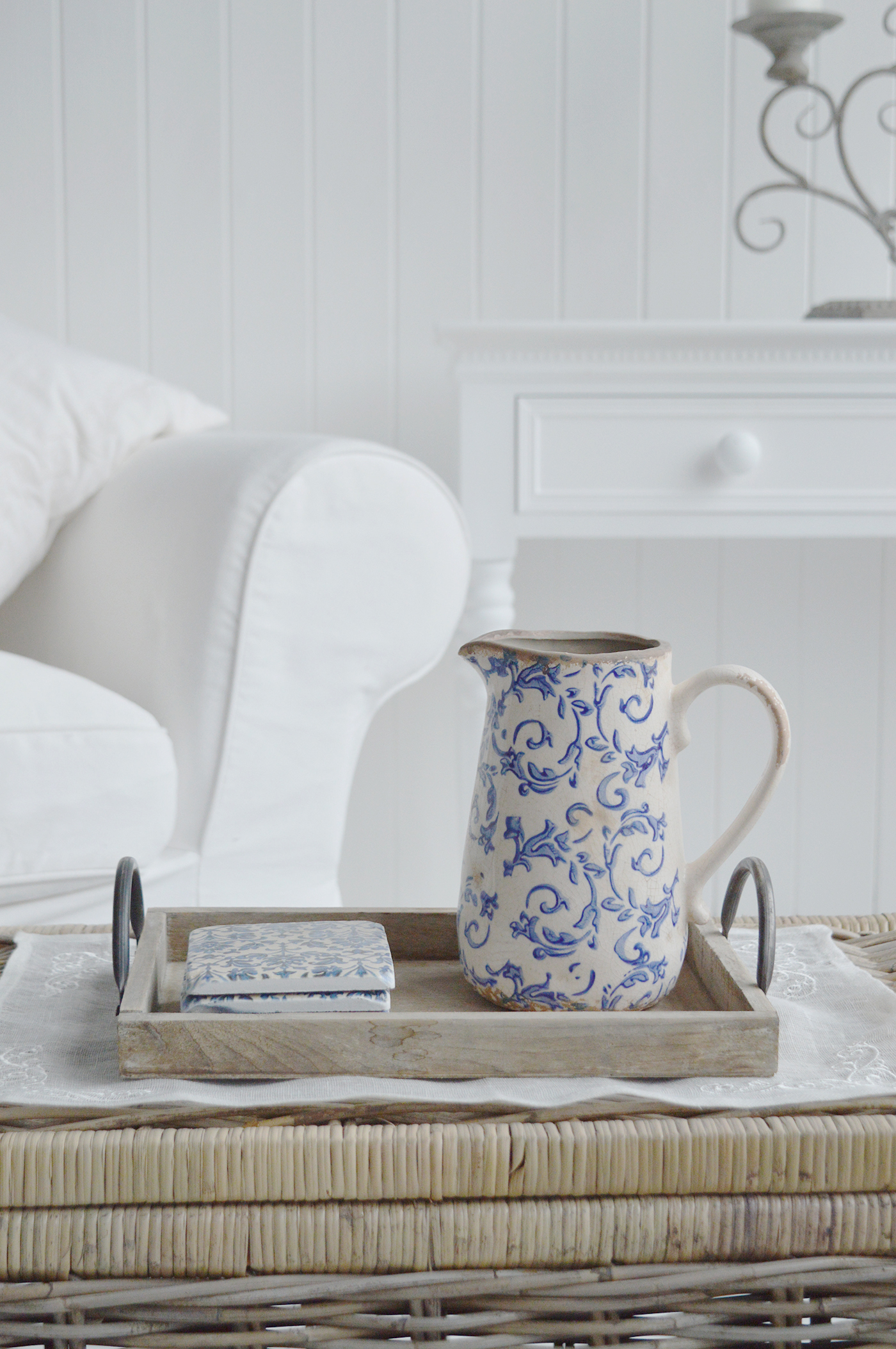 Vintage Blue and white floral jug. Blue and white home decor for New England Style interiors for coastal, country and city home interiors from The White Lighthouse