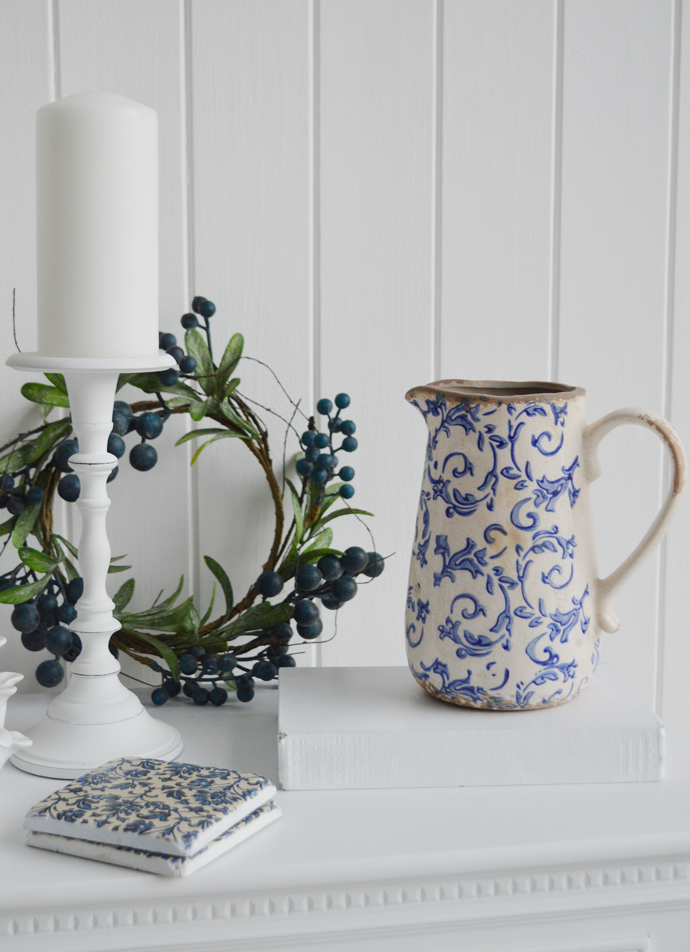 Vintage Blue and white floral jug. Blue and white home decor for New England Style interiors for coastal, country and city home interiors from The White Lighthouse