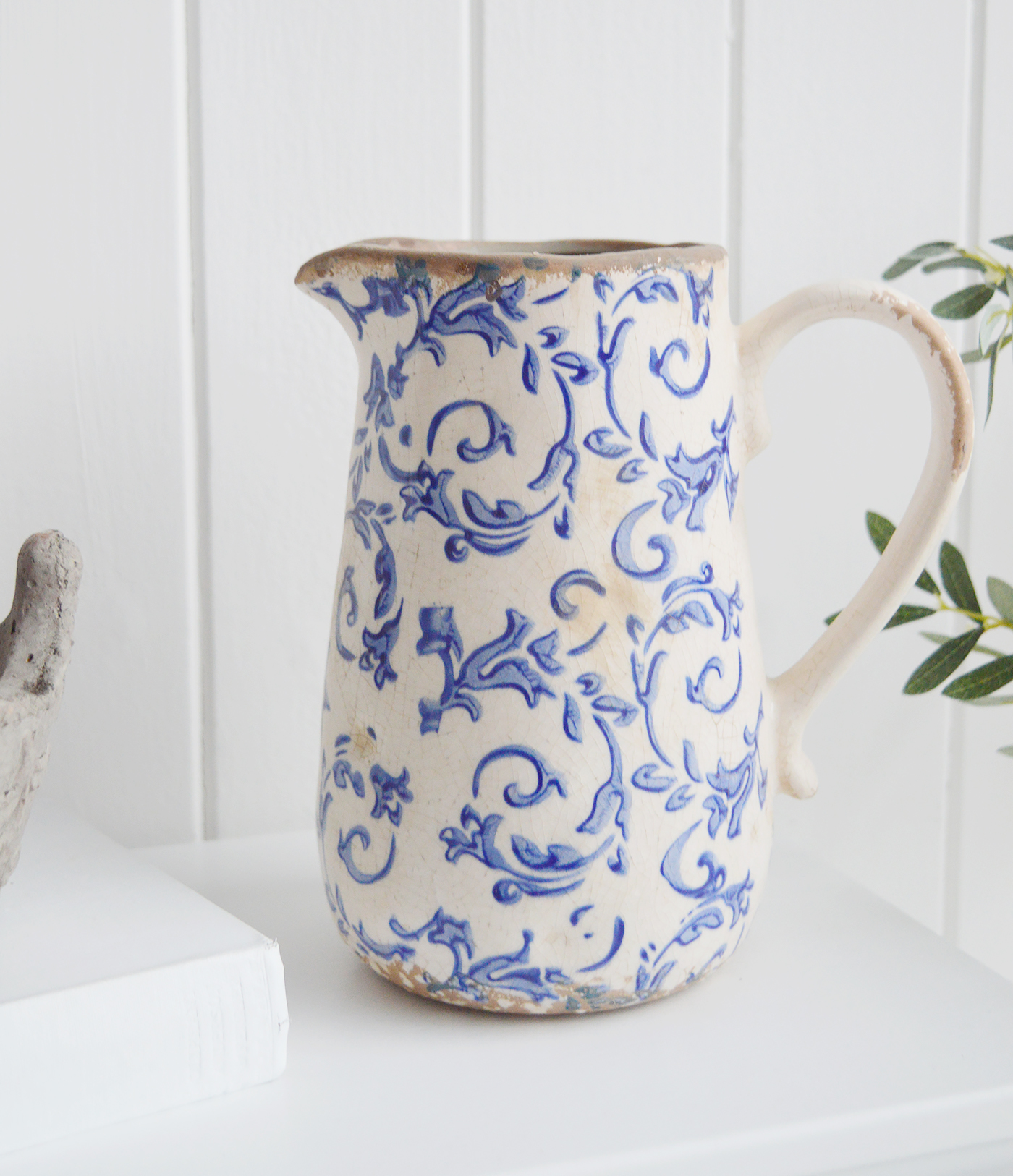 Vintage Blue and white floral jug. Blue and white home decor for New England Style interiors for coastal, country and city home interiors from The White Lighthouse