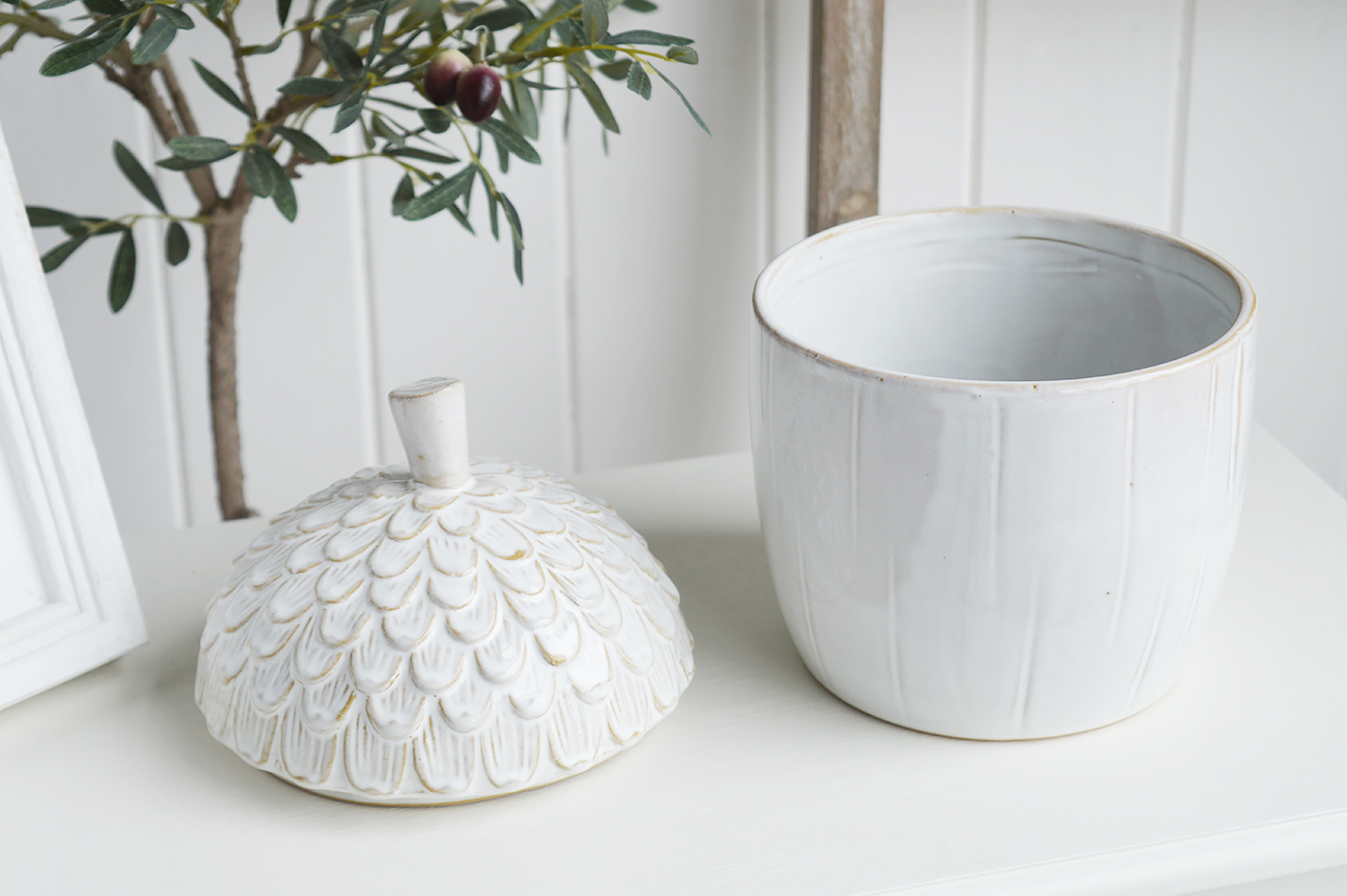 White Furniture and accessories for the home. Ceramic White Acorn Jar for New England, farmhouse,  Country and coastal homes and interior decor