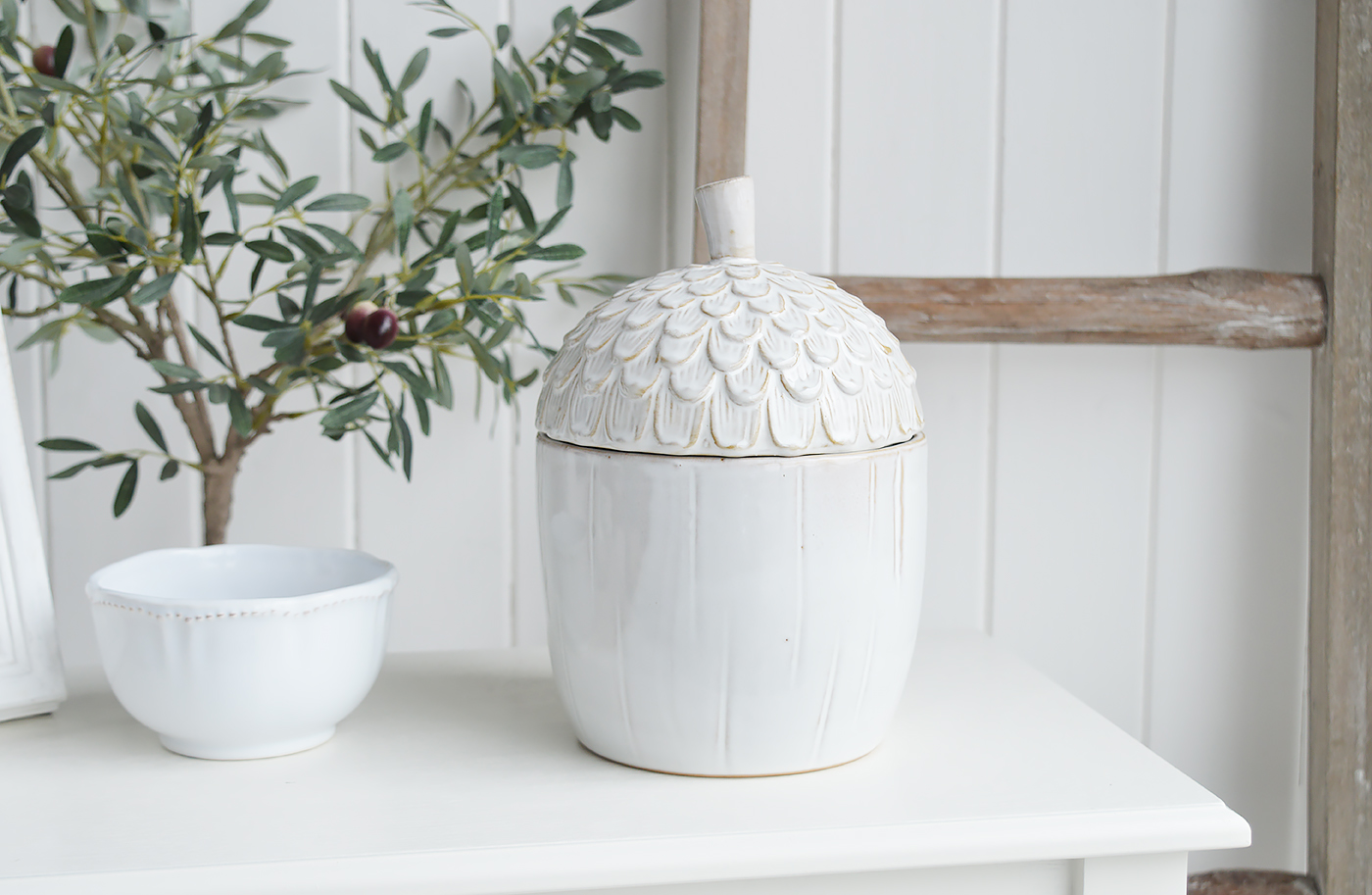 White Furniture and accessories for the home. Ceramic White Acorn Jar for New England, farmhouse,  Country and coastal homes and interior decor