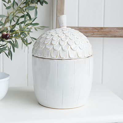 White Furniture and accessories for the home. Ceramic White Acorn Jar for New England, farmhouse,  Country and coastal homes and interior decor