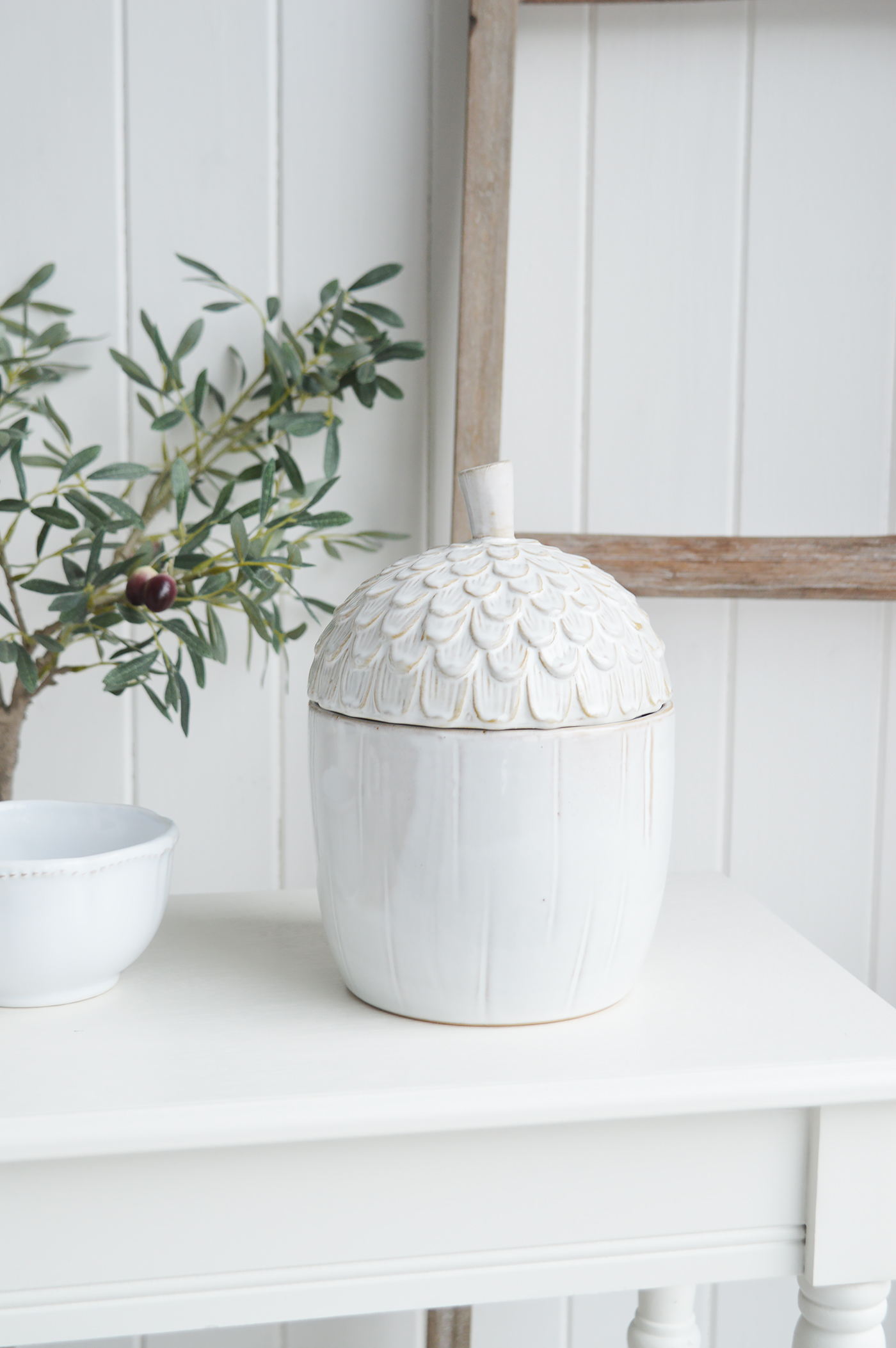 White Furniture and accessories for the home. Ceramic White Acorn Jar for New England, farmhouse,  Country and coastal homes and interior decor