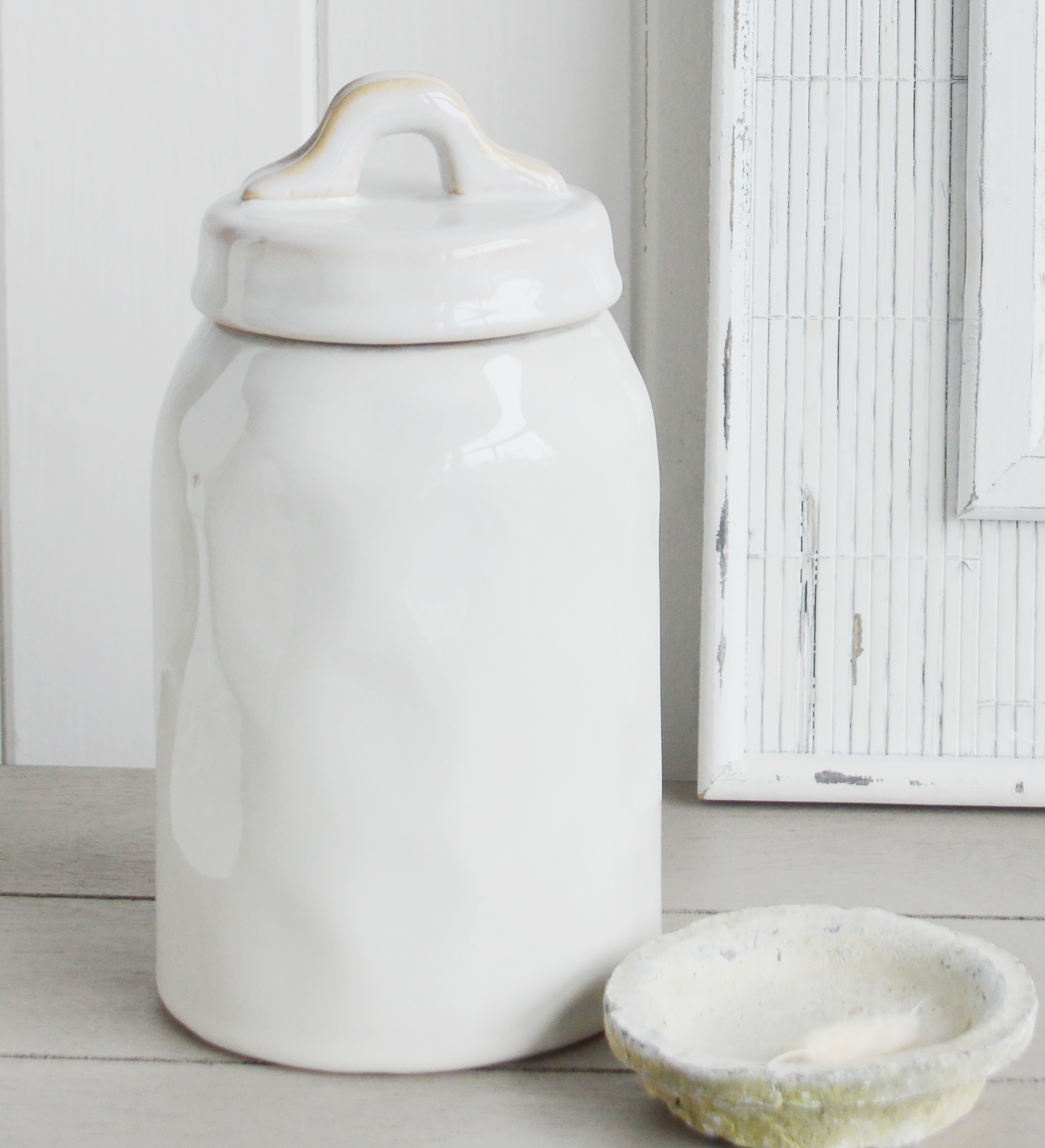 White Ceramic Jar - White Furniture and home decor accessories for New England style homes for country, city, farmhouse and coastal from The White Lighthouse