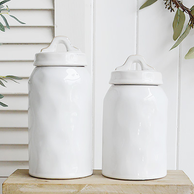 White Ceramic Jar - White Furniture and home decor accessories for New England style homes for country, city, farmhouse and coastal from The White Lighthouse