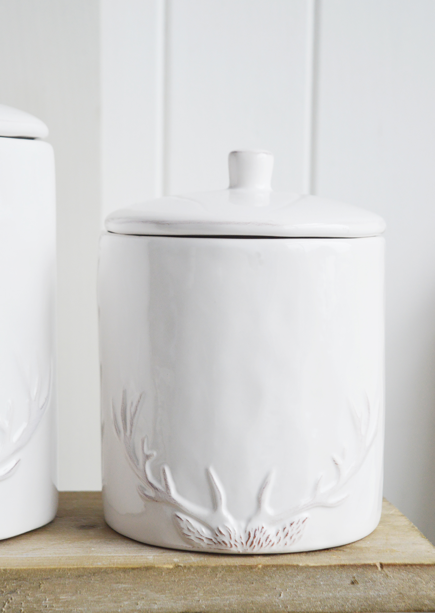 White Antler Ceramic Jar - White Furniture and home decor accessories for New England style homes for country, city, farmhouse and coastal from The White Lighthouse