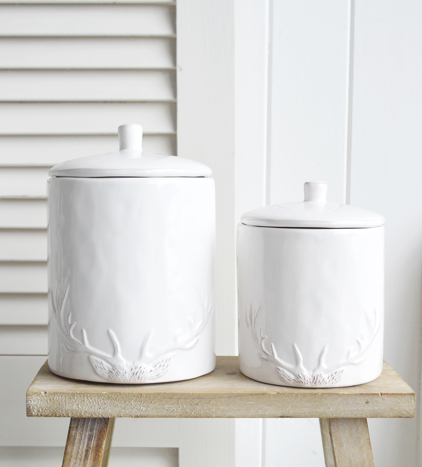 White Antler Ceramic Jar - White Furniture and home decor accessories for New England style homes for country, city, farmhouse and coastal from The White Lighthouse