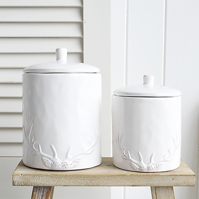 White Antlers Ceramic Jar - White Furniture and home decor accessories for New England style homes for country, city, farmhouse and coastal from The White Lighthouse