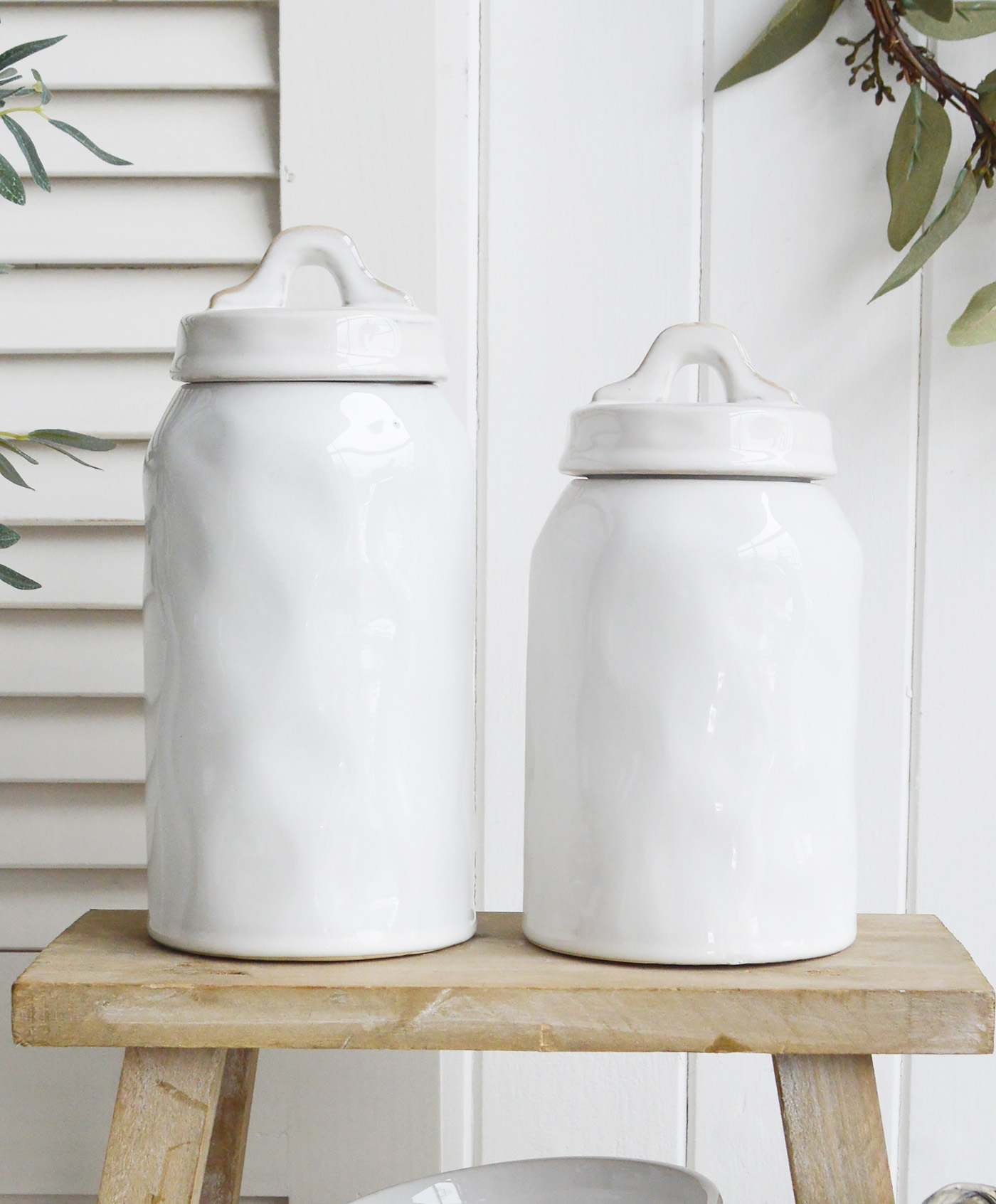 White Ceramic Jar - White Furniture and home decor accessories for New England style homes for country, city, farmhouse and coastal from The White Lighthous
