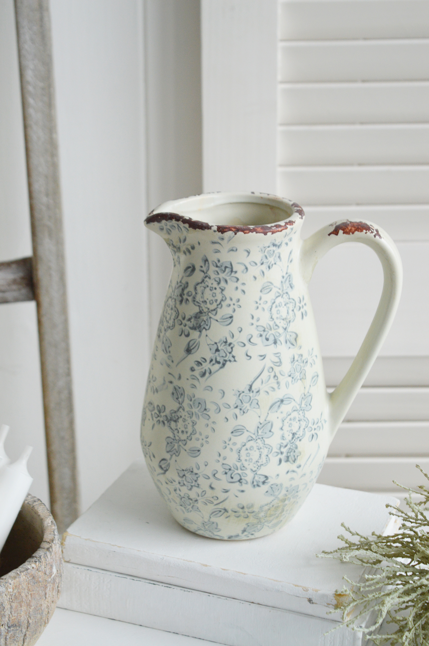 Claremont range of ceramics, a jug as a vase in pale grey blues pot for New England styling. Coastal, modern farmhouse furniture and home decor