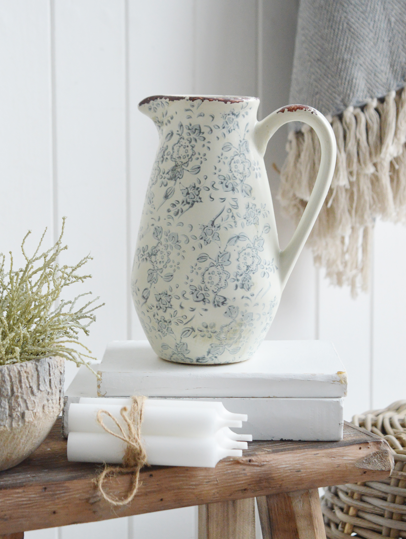 Claremont range of ceramics, a jug as a vase in pale grey blues pot for New England styling. Coastal, modern farmhouse furniture and home decor