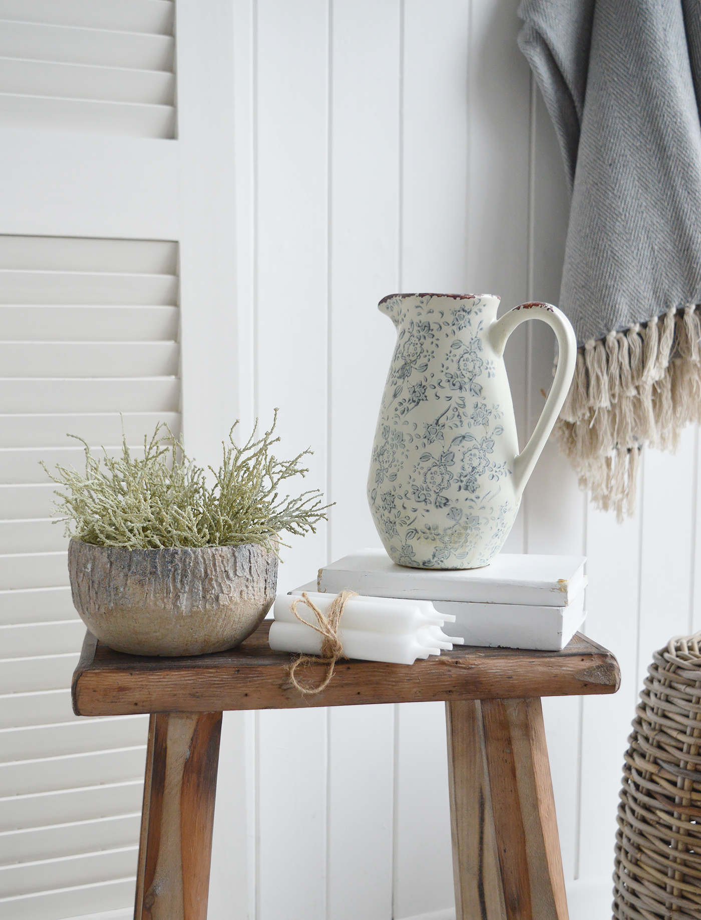 Claremont range of ceramics, a jug as a vase in pale grey blues pot for New England styling. Coastal, modern farmhouse furniture and home decor