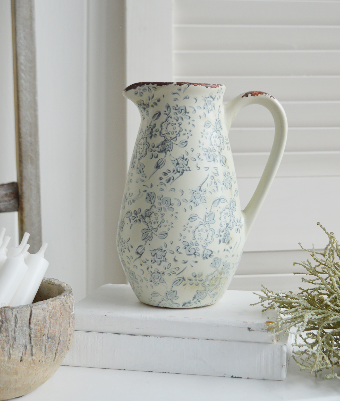 Claremont range of ceramics, a jug as a vase in pale grey blues pot for New England styling. Coastal, modern farmhouse furniture and home decor