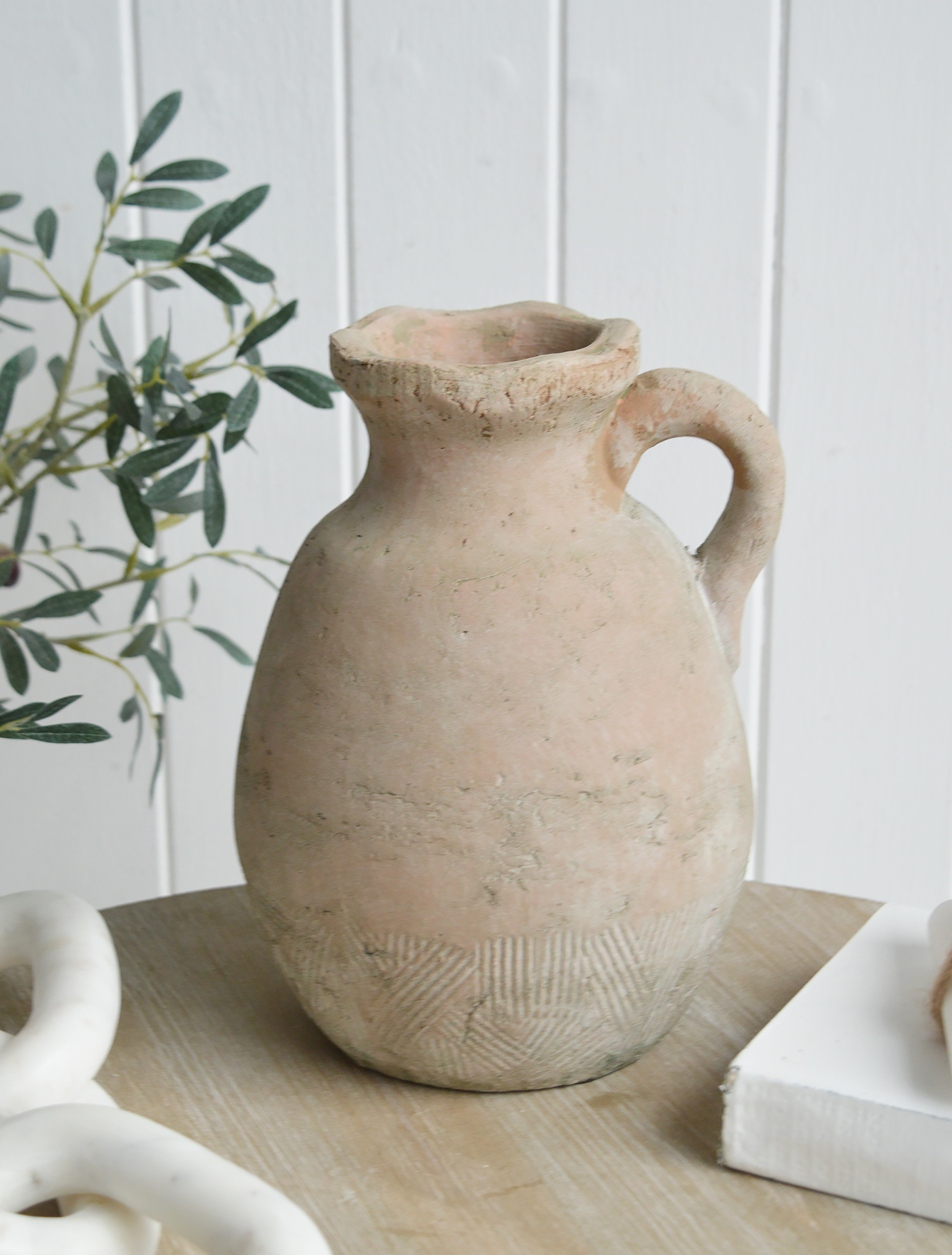 Etna Terracotta jug for New England, farmhouse,  Country and coastal homes and interior decor. Perfect to style shelves and consoles tables