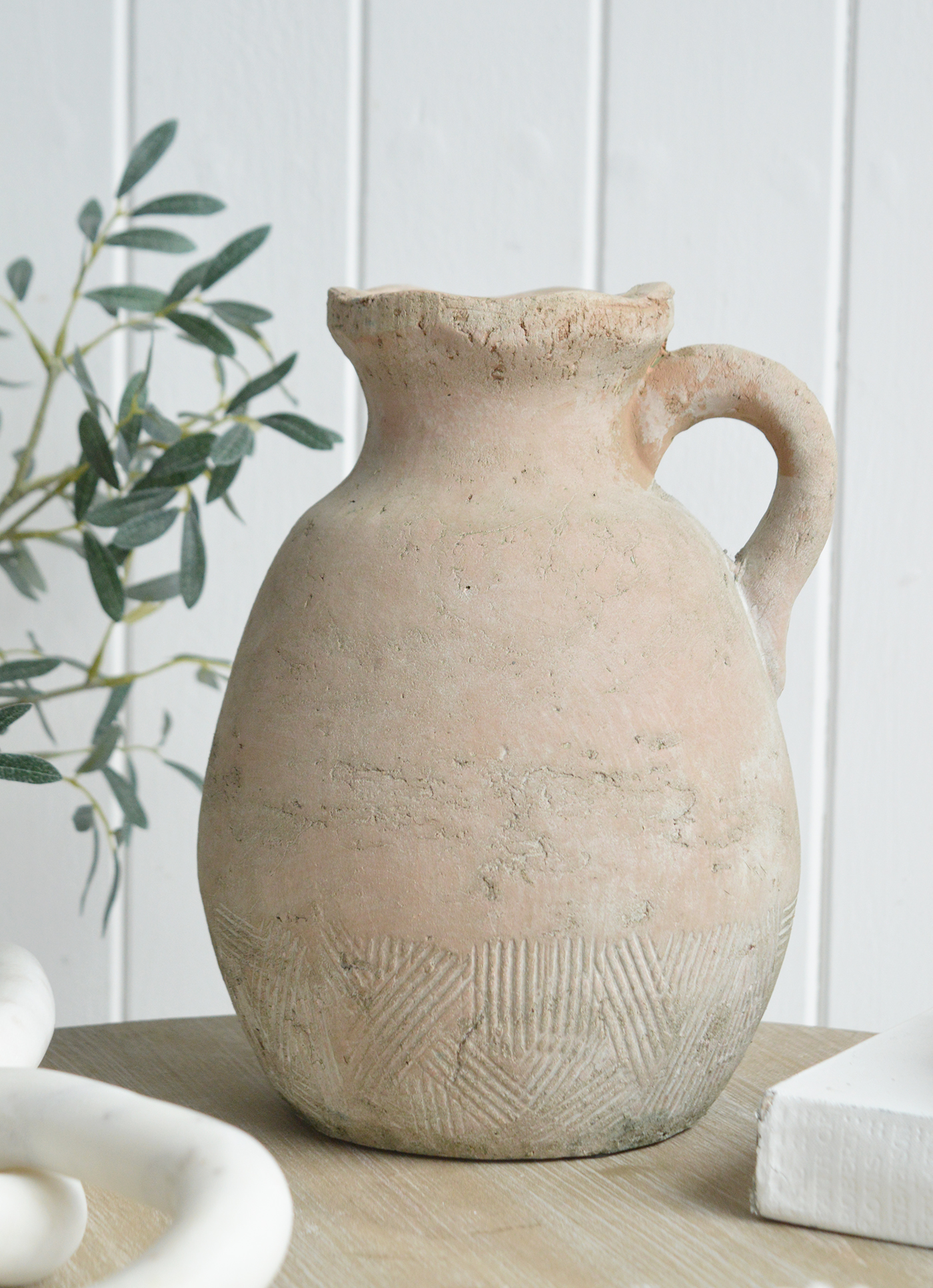 Etna Terracotta jug for New England, farmhouse,  Country and coastal homes and interior decor. Perfect to style shelves and consoles tables