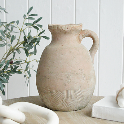 Etna Terracotta jug for New England, farmhouse,  Country and coastal homes and interior decor. Perfect to style shelves and consoles tables