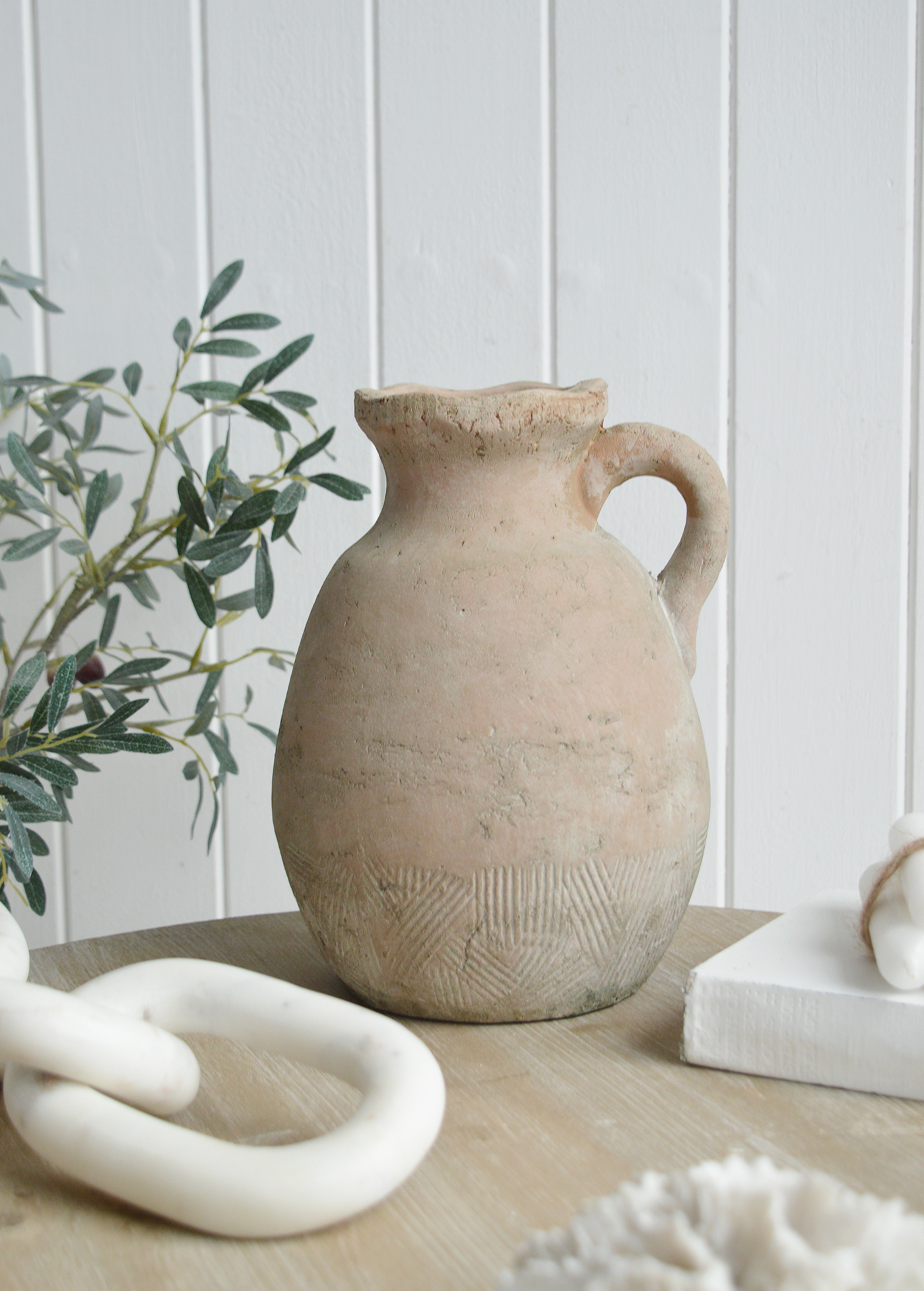 Etna Terracotta jug for New England, farmhouse,  Country and coastal homes and interior decor. Perfect to style shelves and consoles tables
