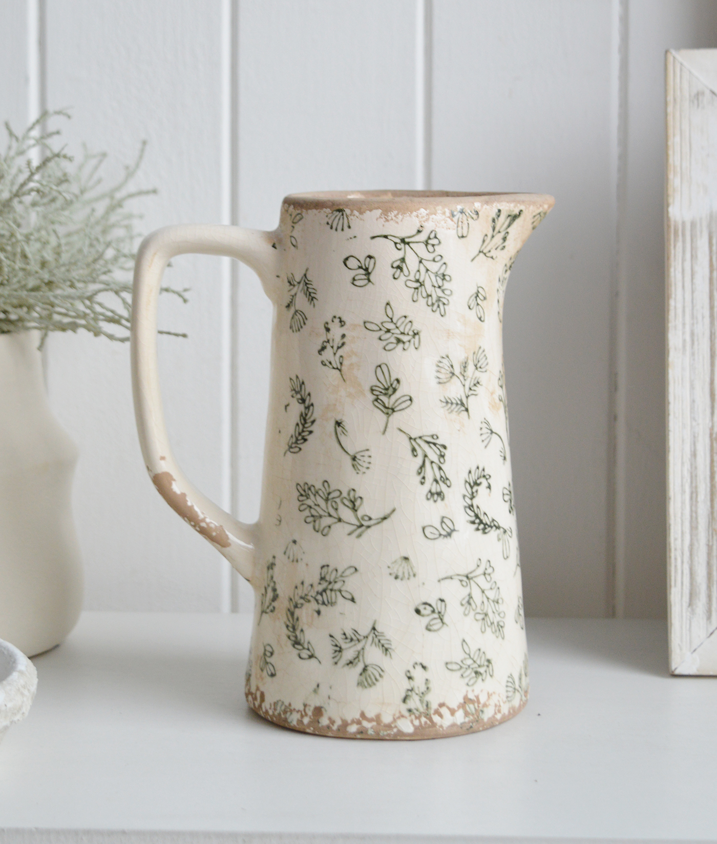 Westbrook Green and Aged White Ceramic Jug - New England, coastal, modern farmhouse and country homes interiors and furniture