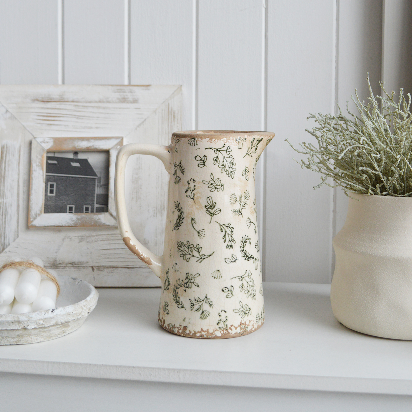 Westbrook Green and Aged White Ceramic Jug - New England, coastal, modern farmhouse and country homes interiors and furniture