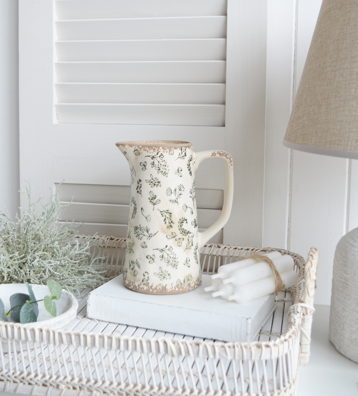 Westbrook Green and Aged White Ceramic Jug - New England, coastal, modern farmhouse and country homes interiors and furniture