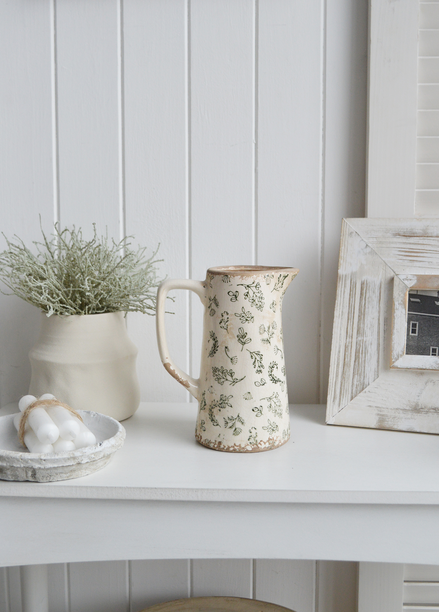 Westbrook Green and Aged White Ceramic Jug - New England, coastal, modern farmhouse and country homes interiors and furniture