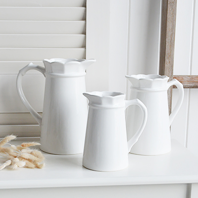 `set of three white ceramic jugs - White furniture and home decor from The White Lighthouse coastal, New England and country furniture and home decor accessories UK