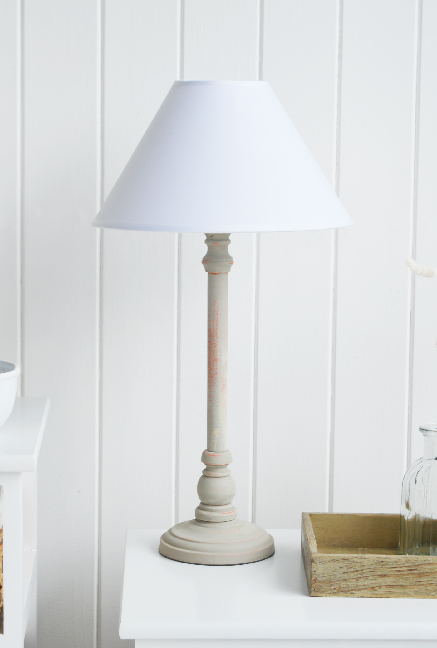 Thomaston rustic grey table lamp from The White Lighthouse Furniture. A lovely table lamp for bedside table or living room. New England style table lamp 