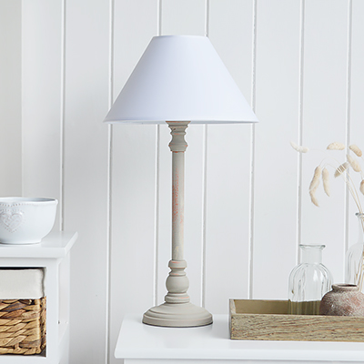 Thomaston wooden table lamp from The White Lighthouse Furniture. A lovely table lamp for bedside table or living room or bedroom furniture. New England style table lamps and lighting