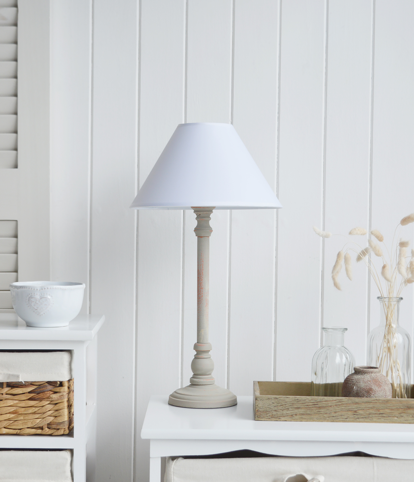 Thomaston rustic grey table lamp from The White Lighthouse Furniture. A lovely table lamp for bedside table or living room. New England style table lamp 