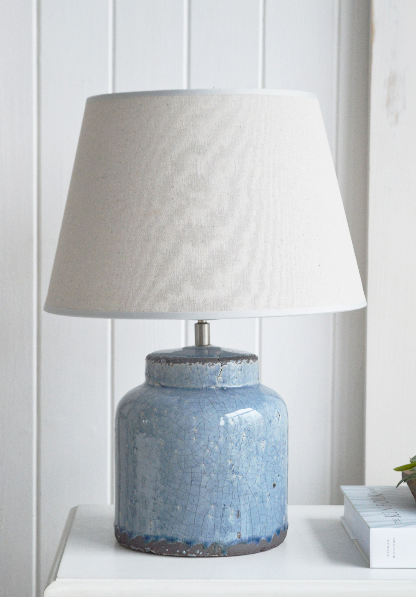 Blue Compton Ceramic Lamp from The White Lighthouse Furniture. A lovely table lamp for bedside table or living room or bedroom furniture. New England style table lamps for country, coastal, citu and farmhouse styled homes