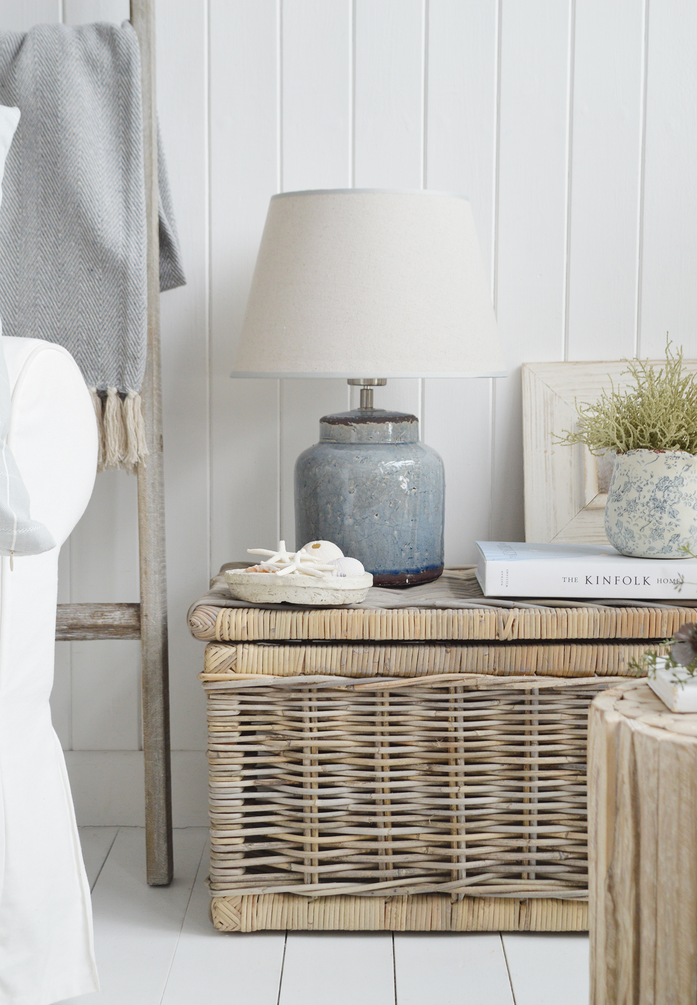 New England style blue ceramic lamp for coasta and modern farmhouse interiors from the White Lighthouse Furniture