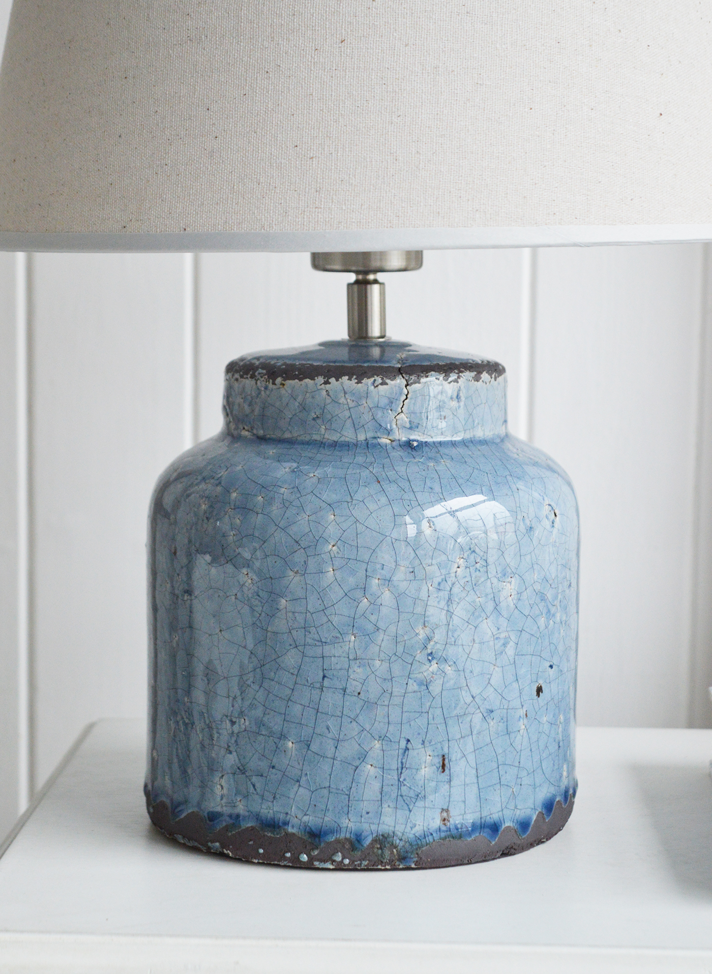 Blue Compton Ceramic Lamp from The White Lighthouse Furniture. A lovely table lamp for bedside table or living room or bedroom furniture. New England style table lamps for country, coastal, citu and farmhouse styled homes