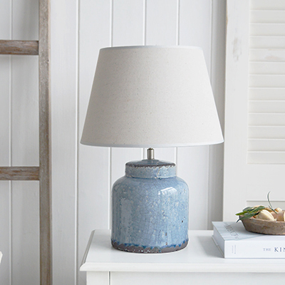 Blue Compton Lamp from The White Lighthouse Furniture. A lovely table lamp for bedside table or living room or bedroom furniture. New England style table lamps for country, coastal and farmhouse styled homes