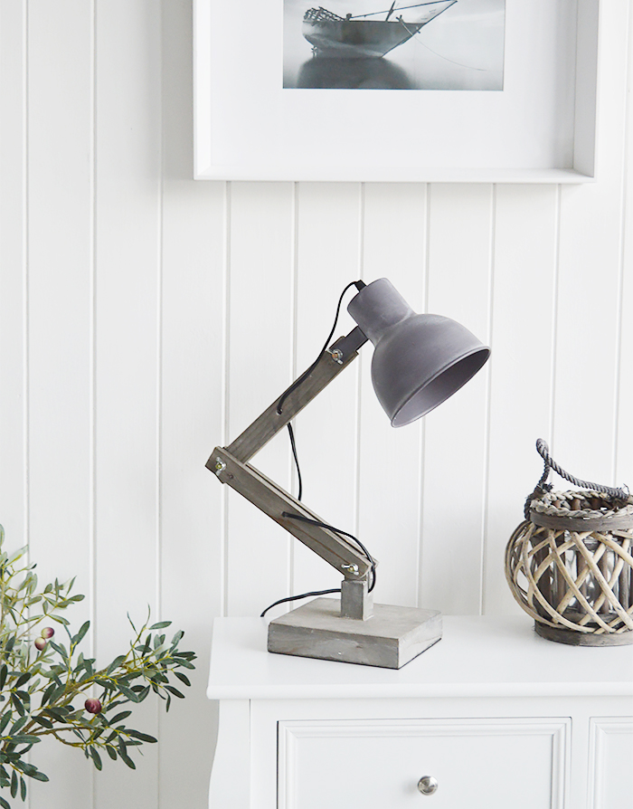 Brentwood Angled Grey Desk Table Lamp from The White Lighthouse for New England, Country, Coastal, City and White interiors for hallway, living room, bedroom furniture