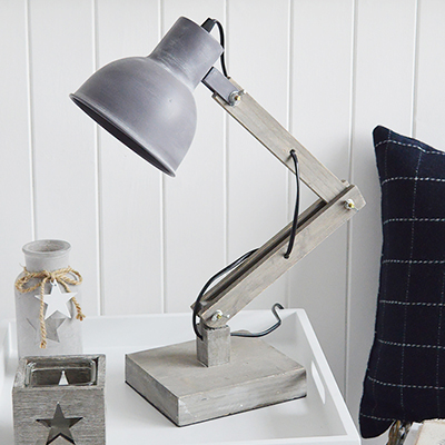 Brentwood wooden grey angles desk table lamp. New England and coastal styled table lamps