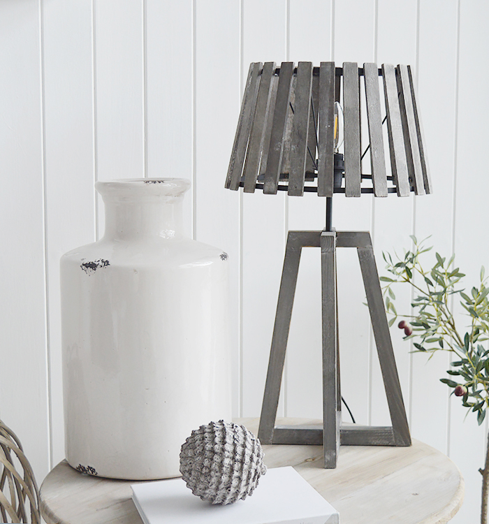 Brentwood Slatted Grey Desk Table Lamp from The White Lighthouse for New England, Country, Coastal, City and White interiors for hallway, living room, bedroom furniture