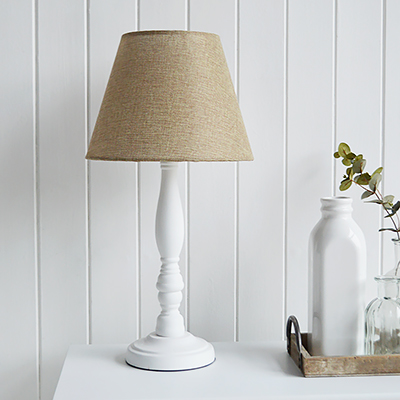 Brentwood Natural and White Wooden Table Lamps from The White Lighthouse for New England, Country, Coastal, City and White interiors for hallway, living room, bedroom furniture