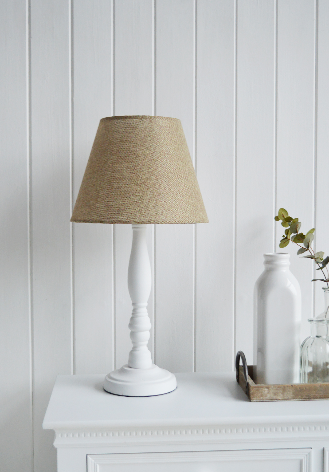 Brentwood Natural and White Wooden Table Lamps from The White Lighthouse for New England, Country, Coastal, City and White interiors for hallway, living room, bedroom furniture