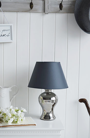 Camden lamp with polished silver base and grey satin shade