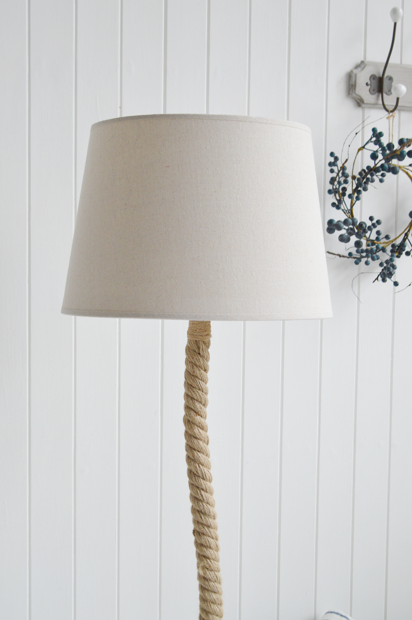 Rope Coastal Floor lamp  from The White Lighthouse Furniture. A lovely floor lamp the bedroom or living room. New England furniture and interiors for coastal, country and city homes