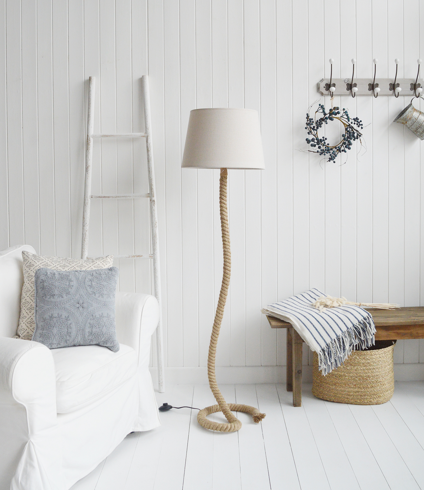 Rope Coastal Floor lamp  from The White Lighthouse Furniture. A lovely floor lamp the bedroom or living room. New England furniture and interiors for coastal, country and city homes