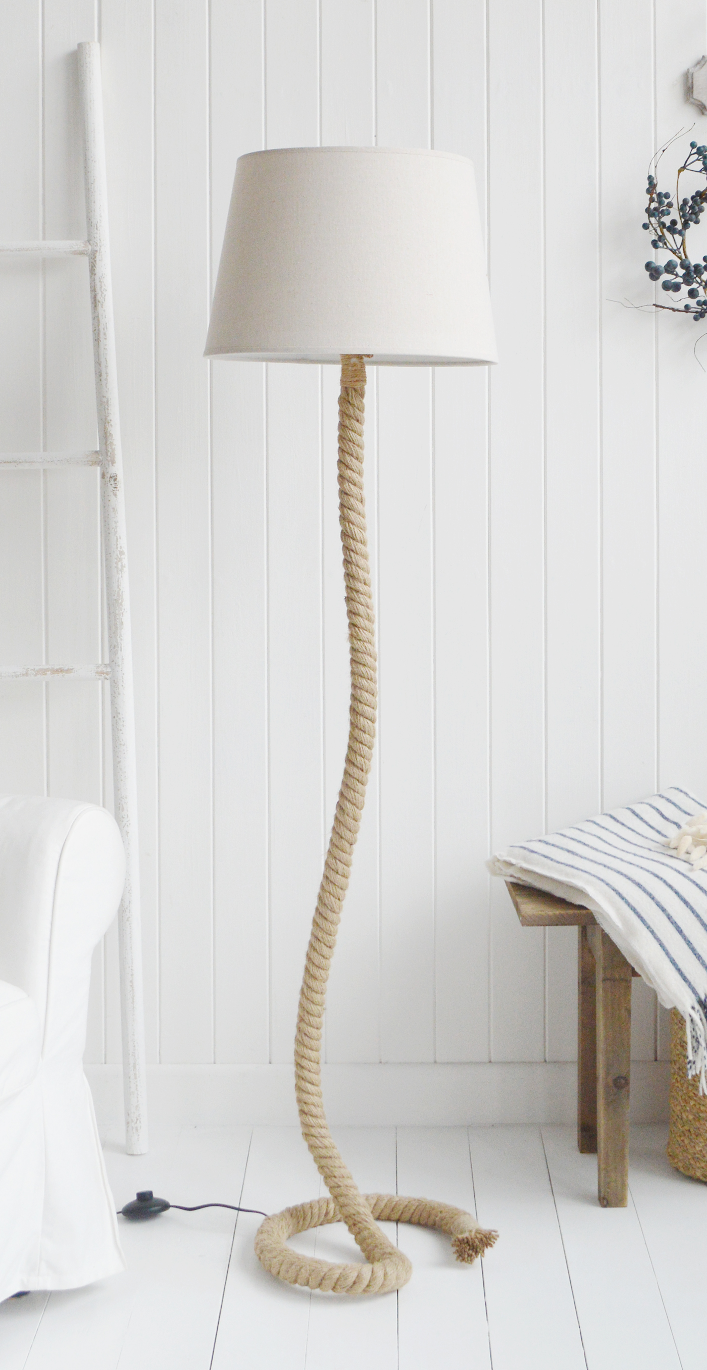 Rope Coastal Floor lamp  from The White Lighthouse Furniture. A lovely floor lamp the bedroom or living room. New England furniture and interiors for coastal, country and city homes