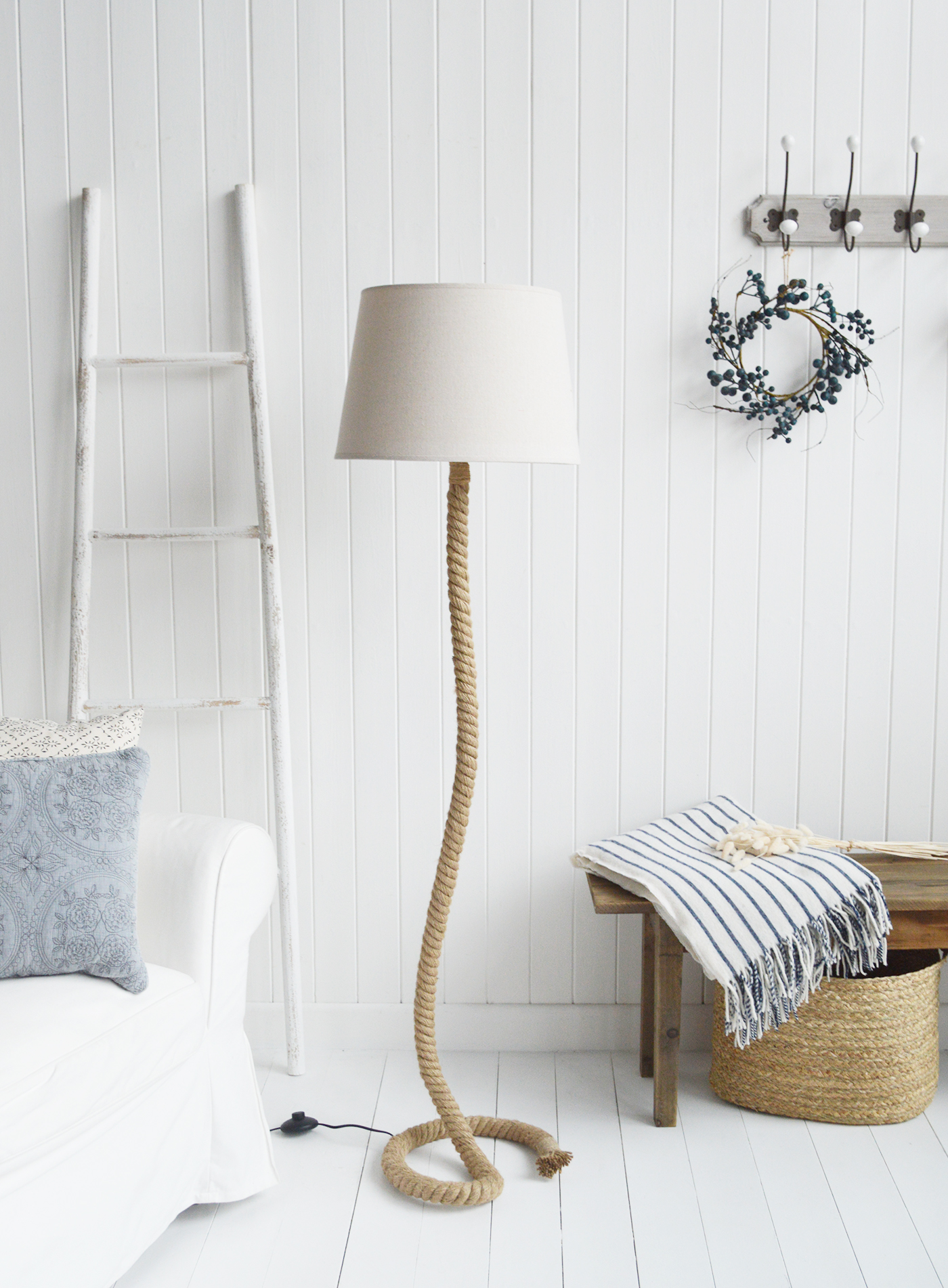 Rope Coastal Floor lamp  from The White Lighthouse Furniture. A lovely floor lamp the bedroom or living room. New England furniture and interiors for coastal, country and city homes