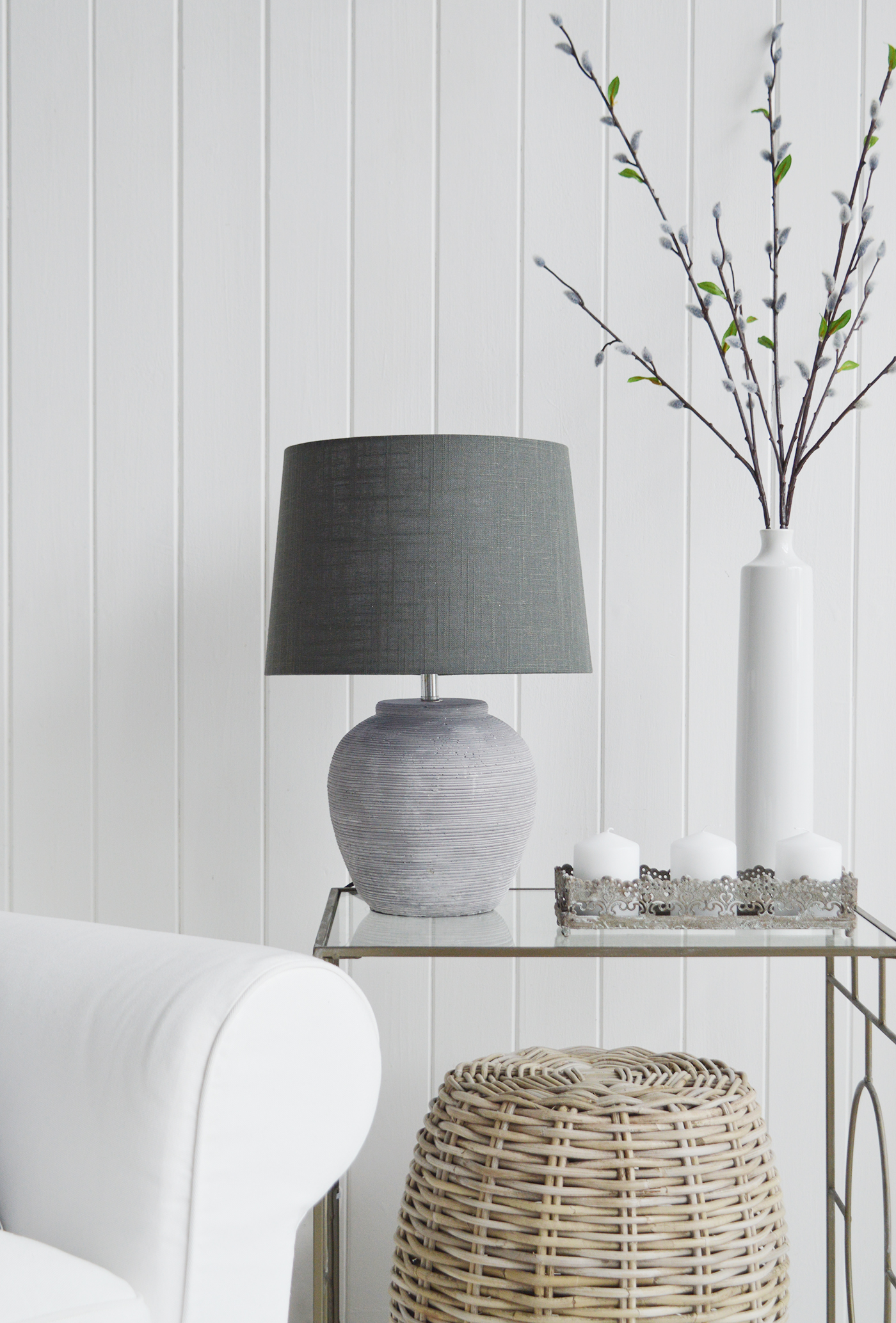 A grey stone lamp  from The White Lighthouse Furniture. A lovely table lamp for bedside table or living room or bedroom furniture. New England style table lamps