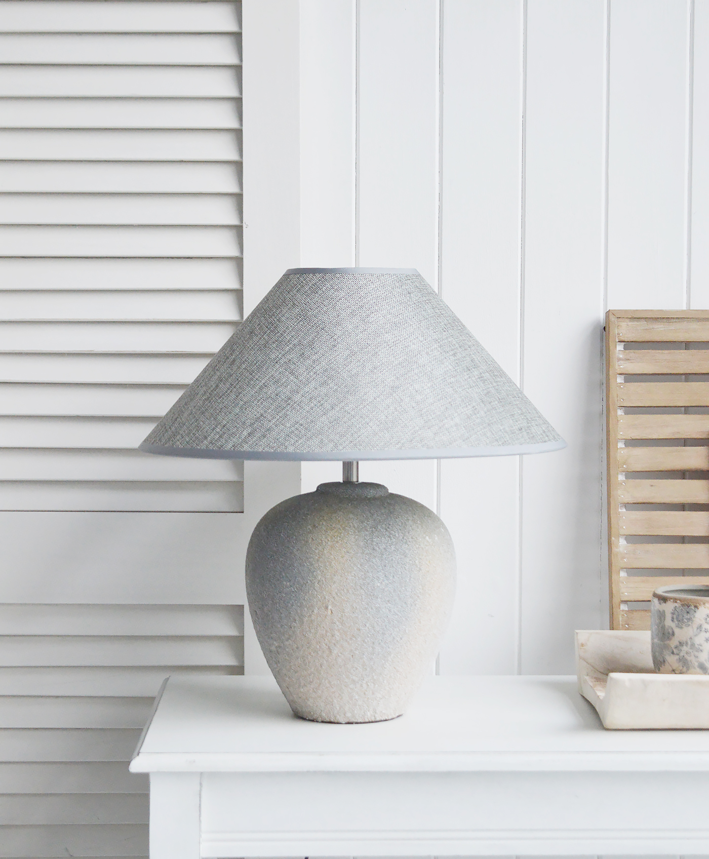 Southport grey stone lamp  from The White Lighthouse Furniture. A lovely table lamp for bedside table or living room or bedroom furniture. New England style table lamps and lighting