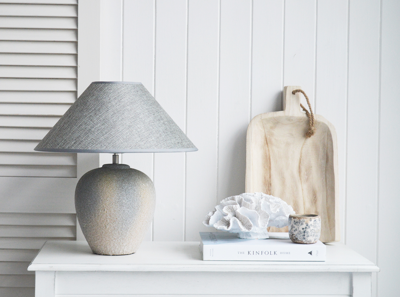 Southport grey stone lamp  from The White Lighthouse Furniture. A lovely table lamp for bedside table or living room or bedroom furniture. New England style table lamps and lighting