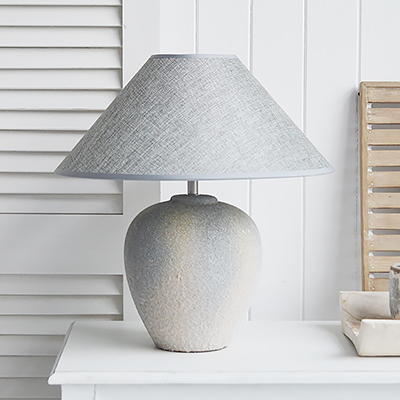 Southport grey stone lamp  from The White Lighthouse Furniture. A lovely table lamp for bedside table or living room or bedroom furniture. New England style table lamps and lighting