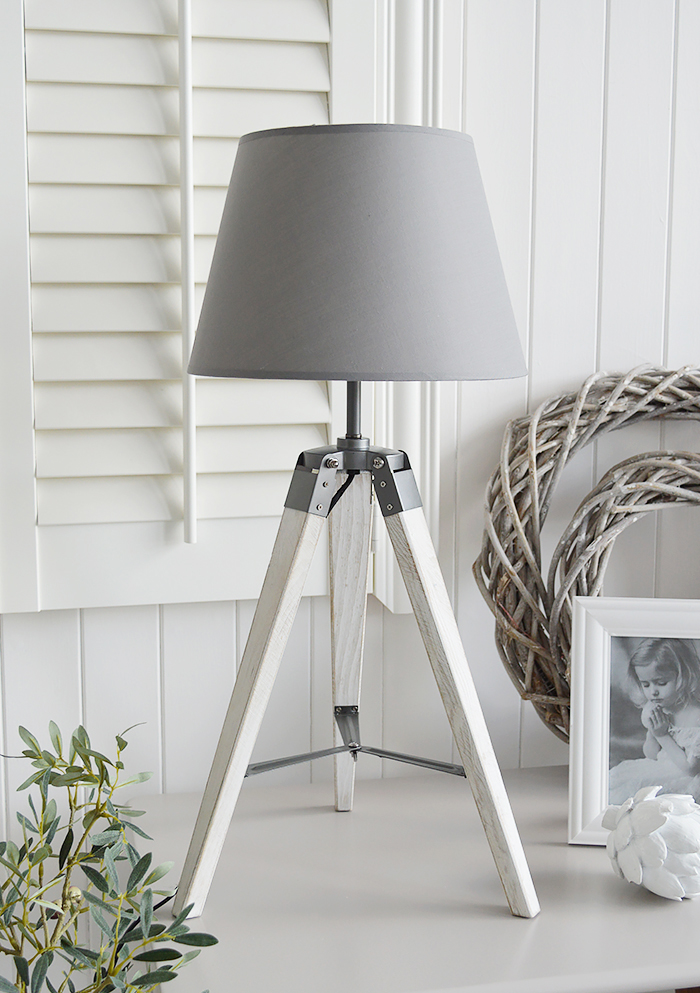 Seaport Grey and White tripod lampt table with a white washed wooden base for country and New England home interiors
