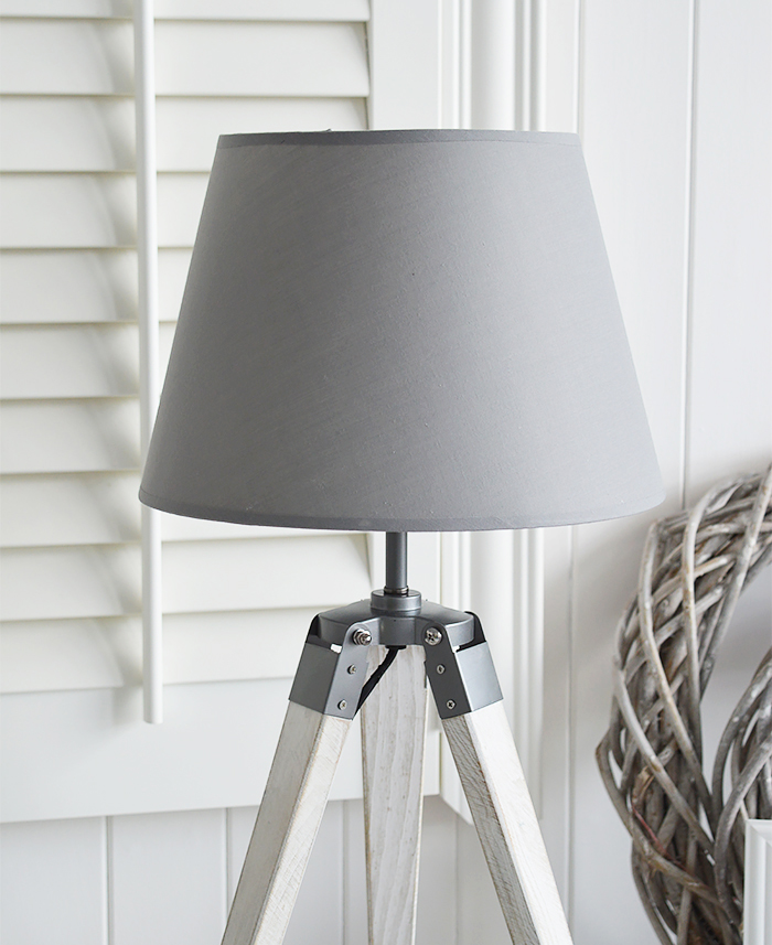 Seaport Grey and White tripod lampt table with a white washed wooden base. Perfect for New England coastal and country homes